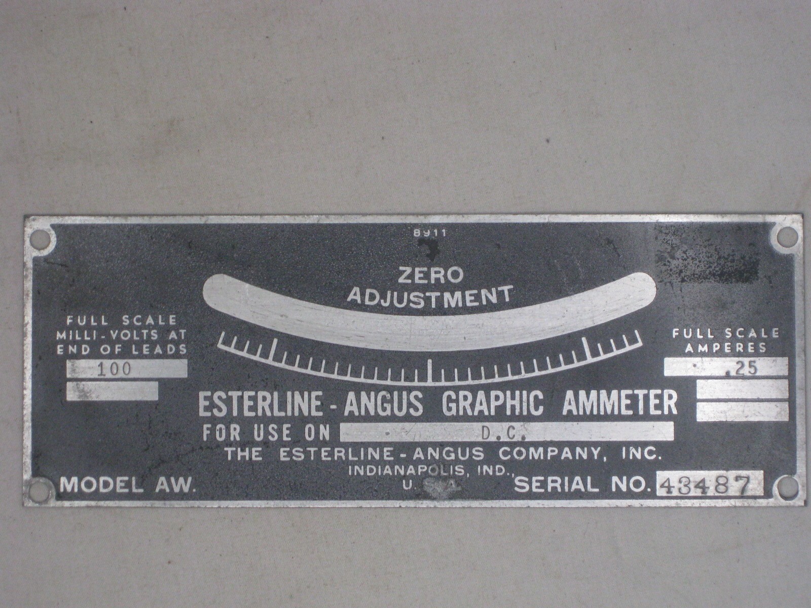 vintage metal data tag id plate MODEL AW. ESTERLINE ANGUS GRAPHIC AMMETER part